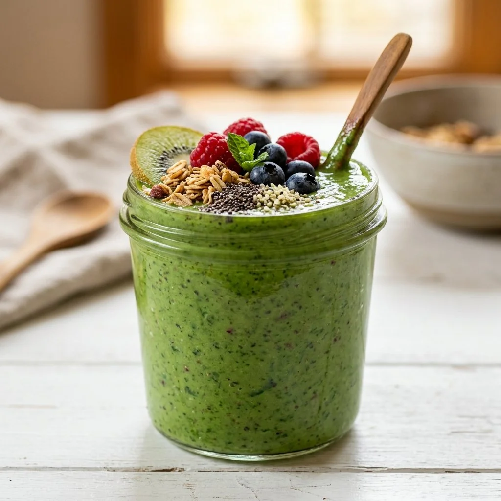 Colorful spinach smoothie in a glass with fresh ingredients