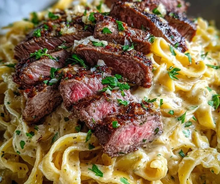 Delicious Steak Alfredo topped with creamy garlic butter sauce