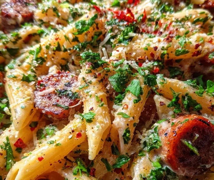 Sticky garlic butter sausage pasta skillet with smoky Parmesan