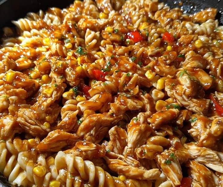 Delicious Sticky Honey BBQ Chicken Pasta Skillet topped with fresh herbs.