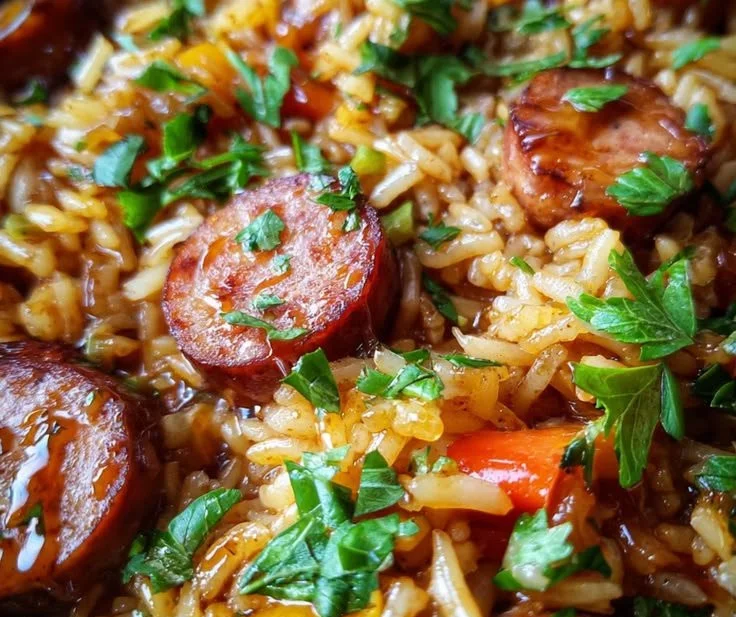 Sticky Honey BBQ Sausage Rice Skillet with Garlic Butter in a skillet
