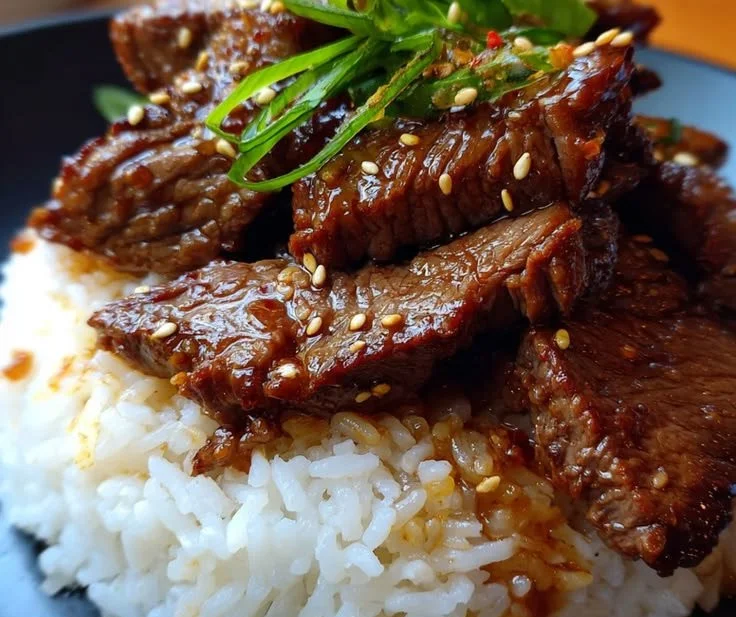 Delicious honey garlic butter steak served over rice, drizzled with sticky sauce.