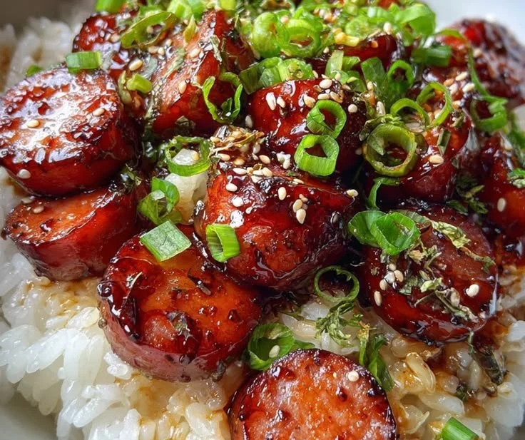 Sticky Honey Garlic Sausage Rice dish garnished and ready to serve.