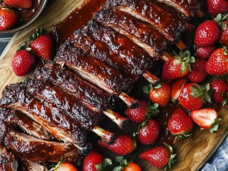 Delicious sticky strawberry baby back ribs on a grill