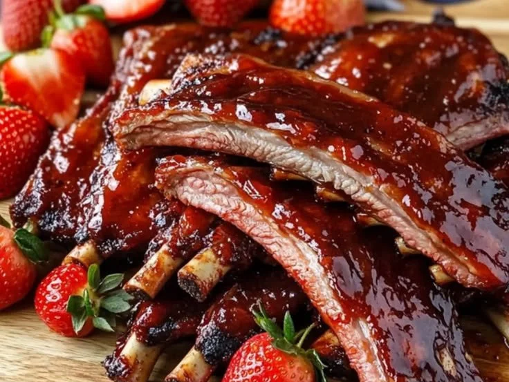 Sticky strawberry glazed baby back ribs drizzled with sauce.