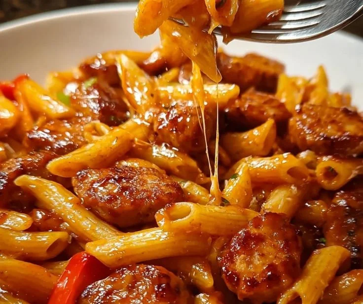Plate of sticky sweet heat BBQ sausage penne pasta dish