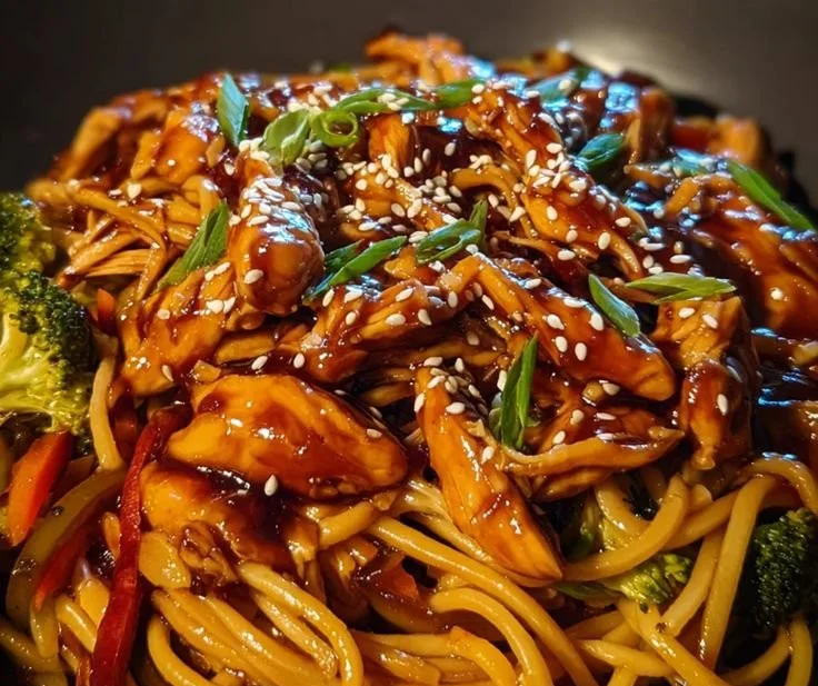 Delicious sticky teriyaki chicken pasta skillet with honey garlic sauce.
