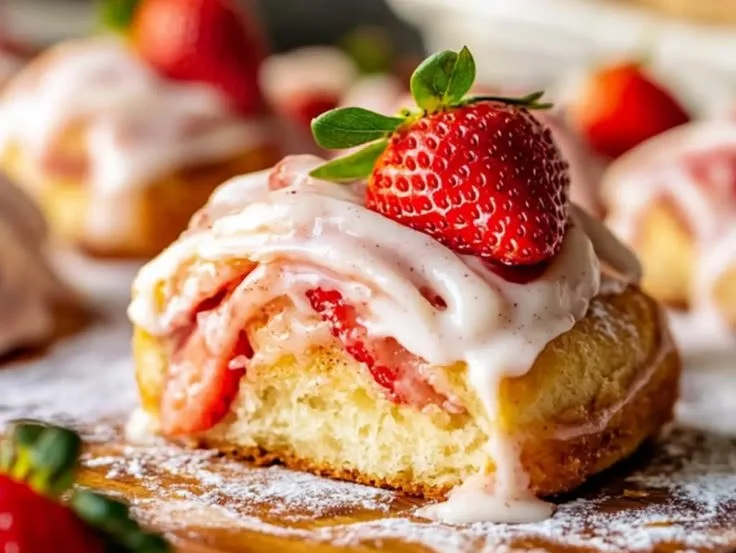 Freshly baked strawberry cinnamon rolls topped with icing and strawberries