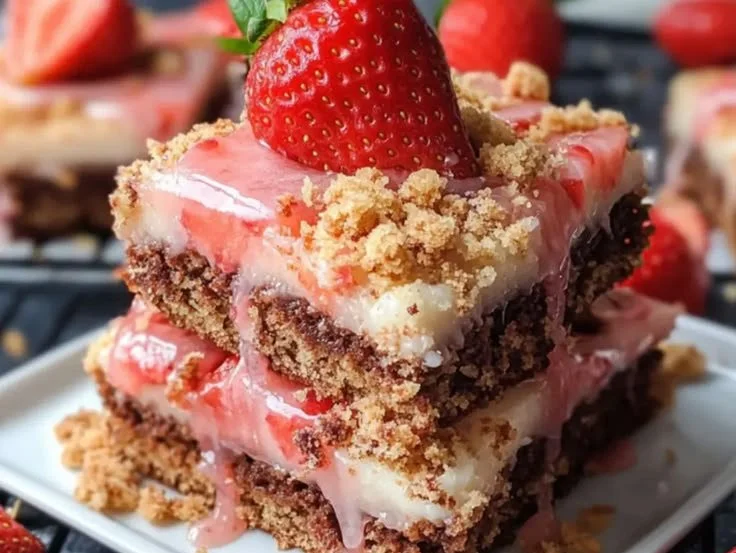 Strawberry Crunch Cake Brownies topped with vanilla glaze