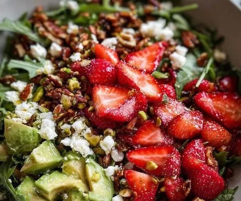 A vibrant Strawberry Crunch Salad featuring fresh strawberries and crunchy toppings.