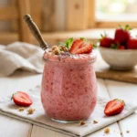 Refreshing strawberry smoothie in a glass with fresh strawberries