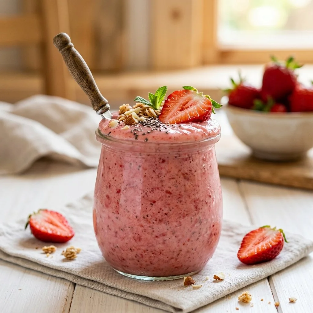 Refreshing strawberry smoothie in a glass with fresh strawberries