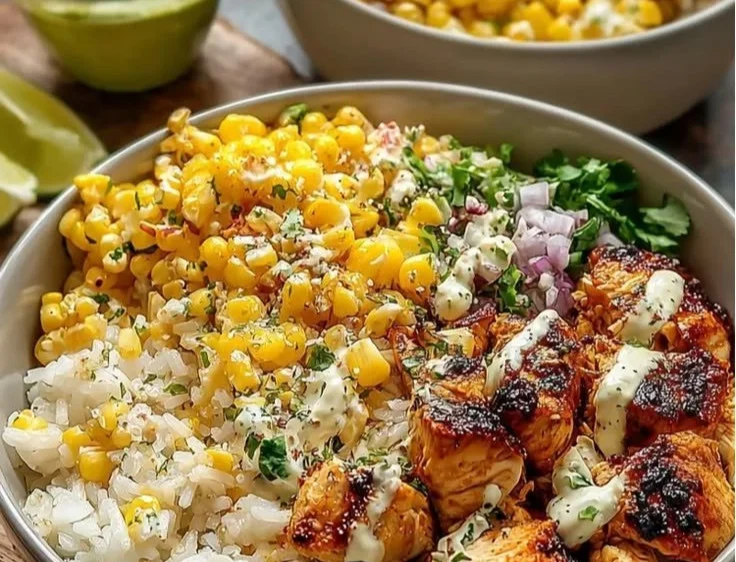 Delicious Street Corn Chicken Rice Bowls featuring grilled chicken and fresh corn