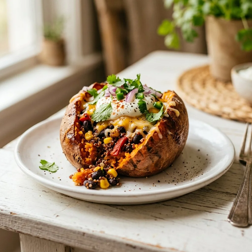 Delicious stuffed sweet potato recipe with colorful toppings