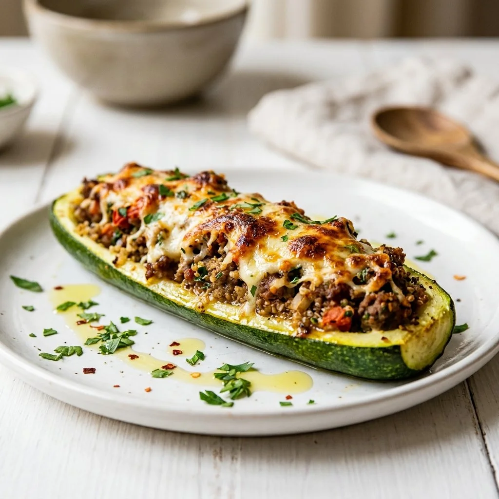 Delicious stuffed zucchini recipe with fresh vegetables and herbs