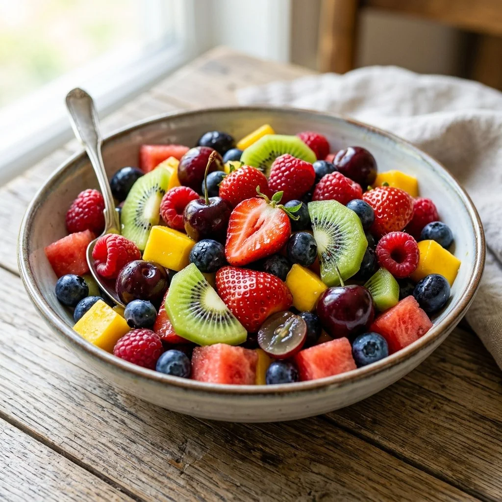 A colorful bowl of summer fruit salad featuring fresh seasonal fruits.