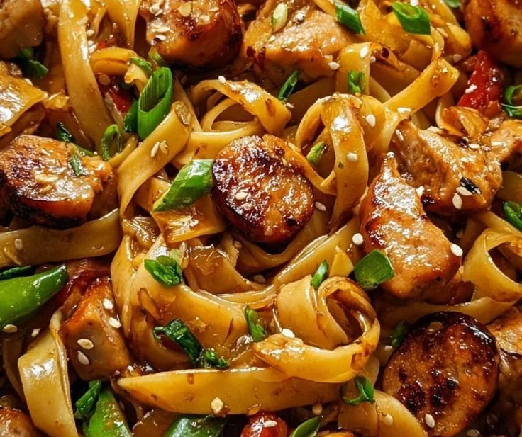 Sweet Garlic Chicken and Sausage Pasta dish with fresh ingredients
