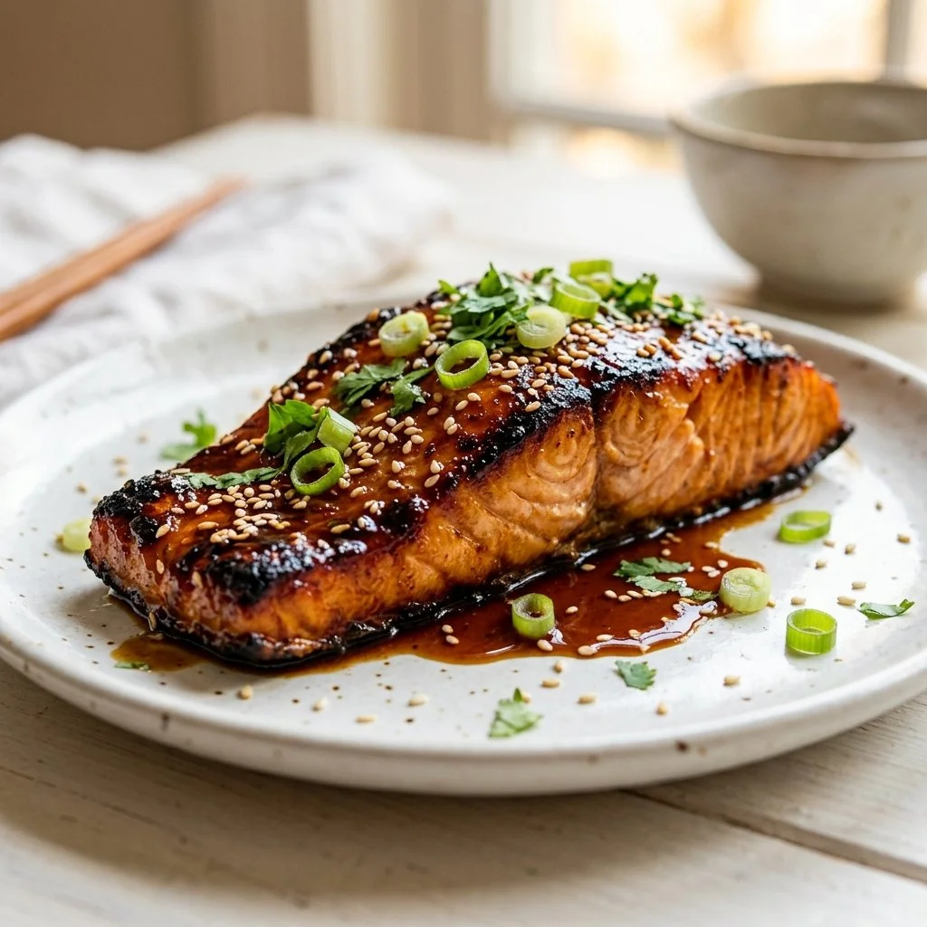 Delicious teriyaki salmon served with sesame seeds and green onions