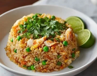 Delicious plate of Thai crab fried rice garnished with herbs