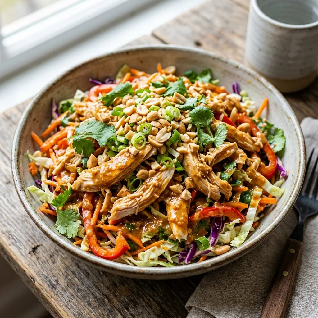 Thai Peanut Chicken Salad with fresh vegetables and creamy peanut dressing