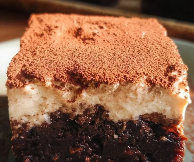 Delicious homemade tiramisu brownies served on a plate with a coffee drizzle.