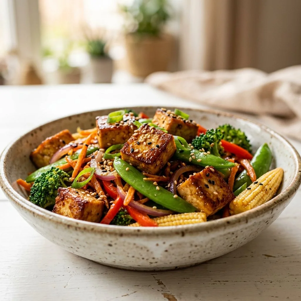 Colorful tofu stir fry with vegetables in a bowl