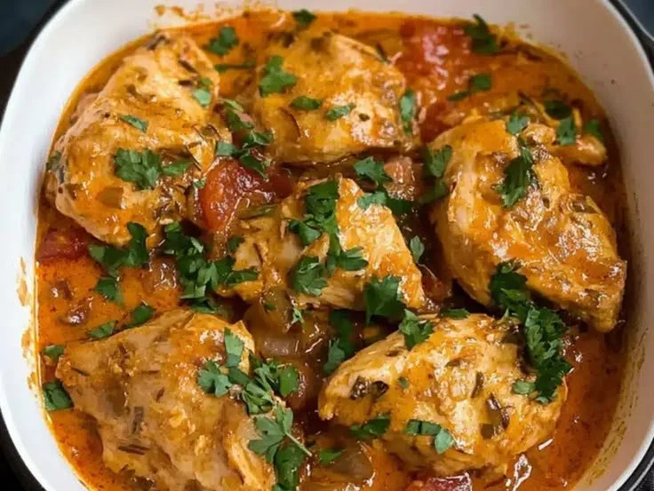 Delicious Traditional Hungarian Paprika Chicken Stew in a rustic bowl