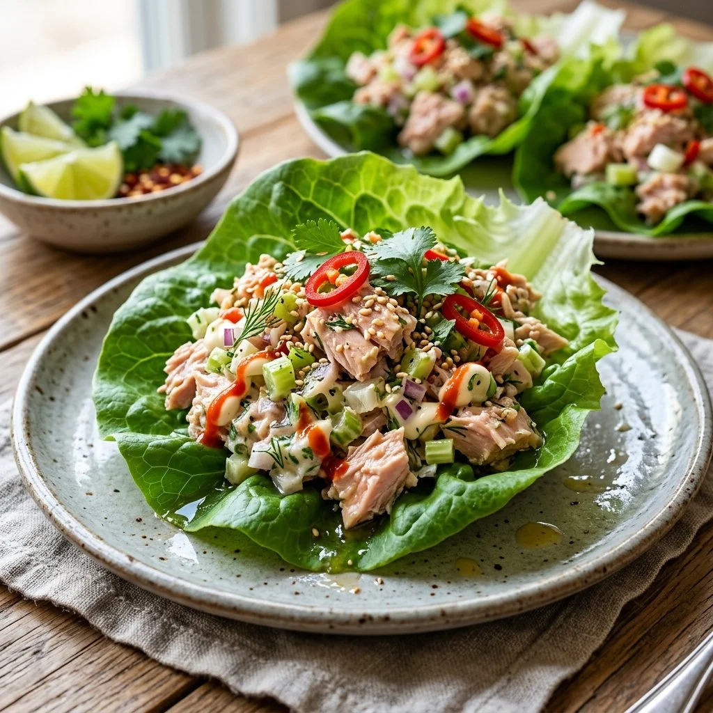 Healthy tuna lettuce wraps with fresh veggies and light dressing