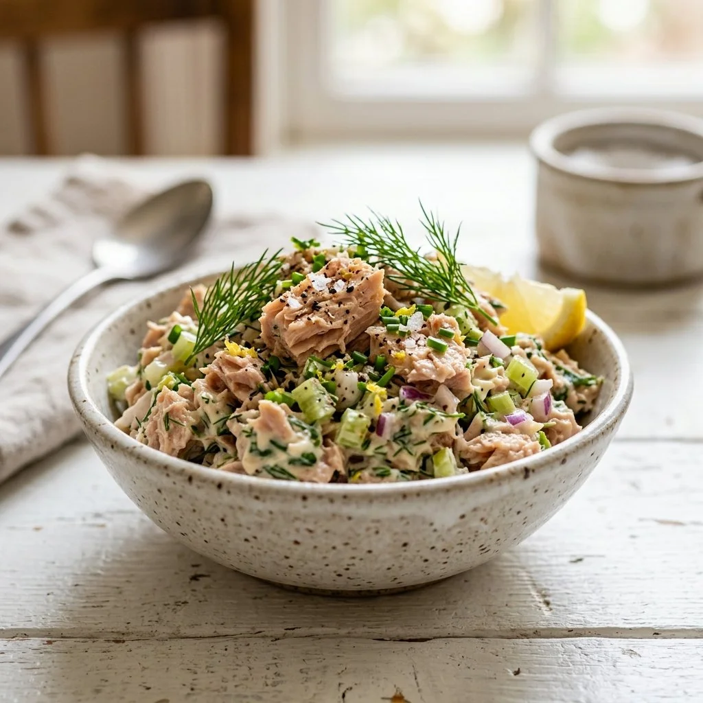A bowl of fresh tuna salad with vegetables and seasoning.