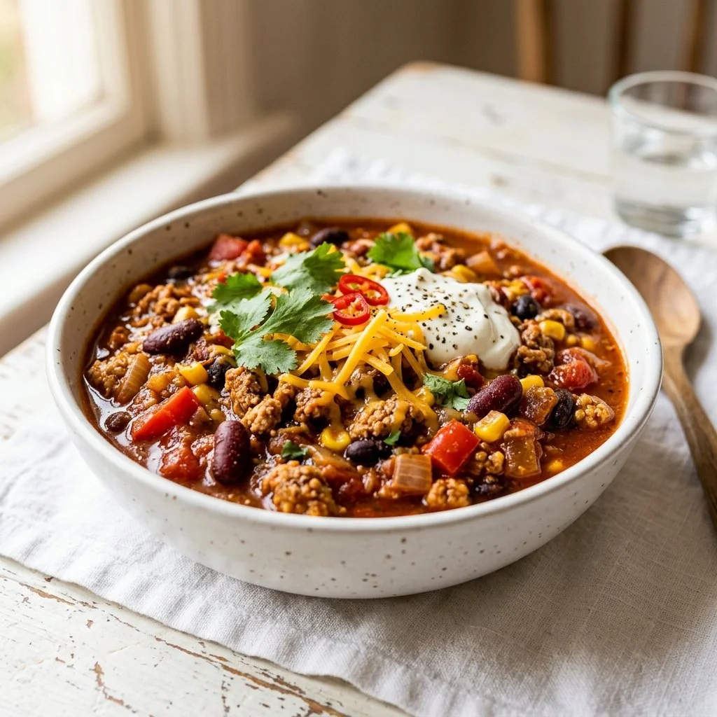 Delicious bowl of turkey chili topped with herbs and spices