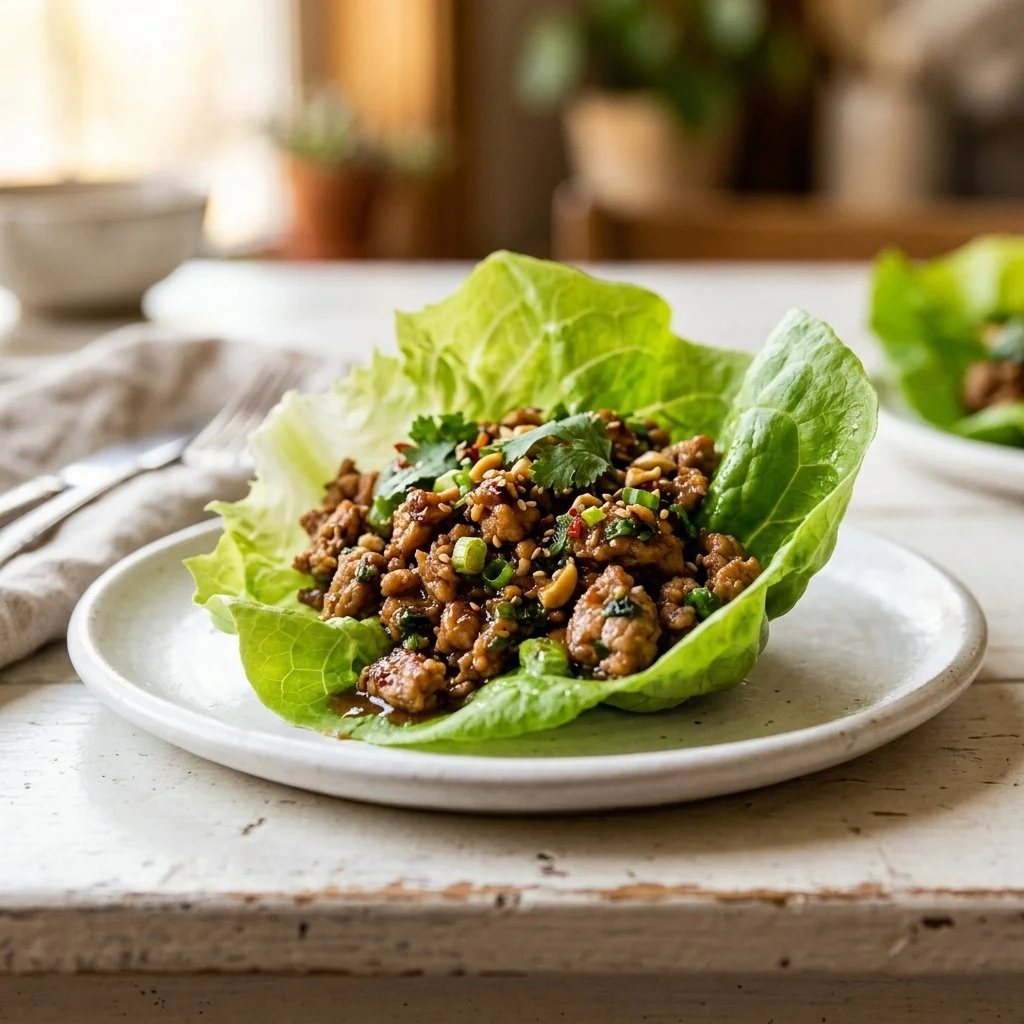 Healthy turkey lettuce wraps served with fresh vegetables.