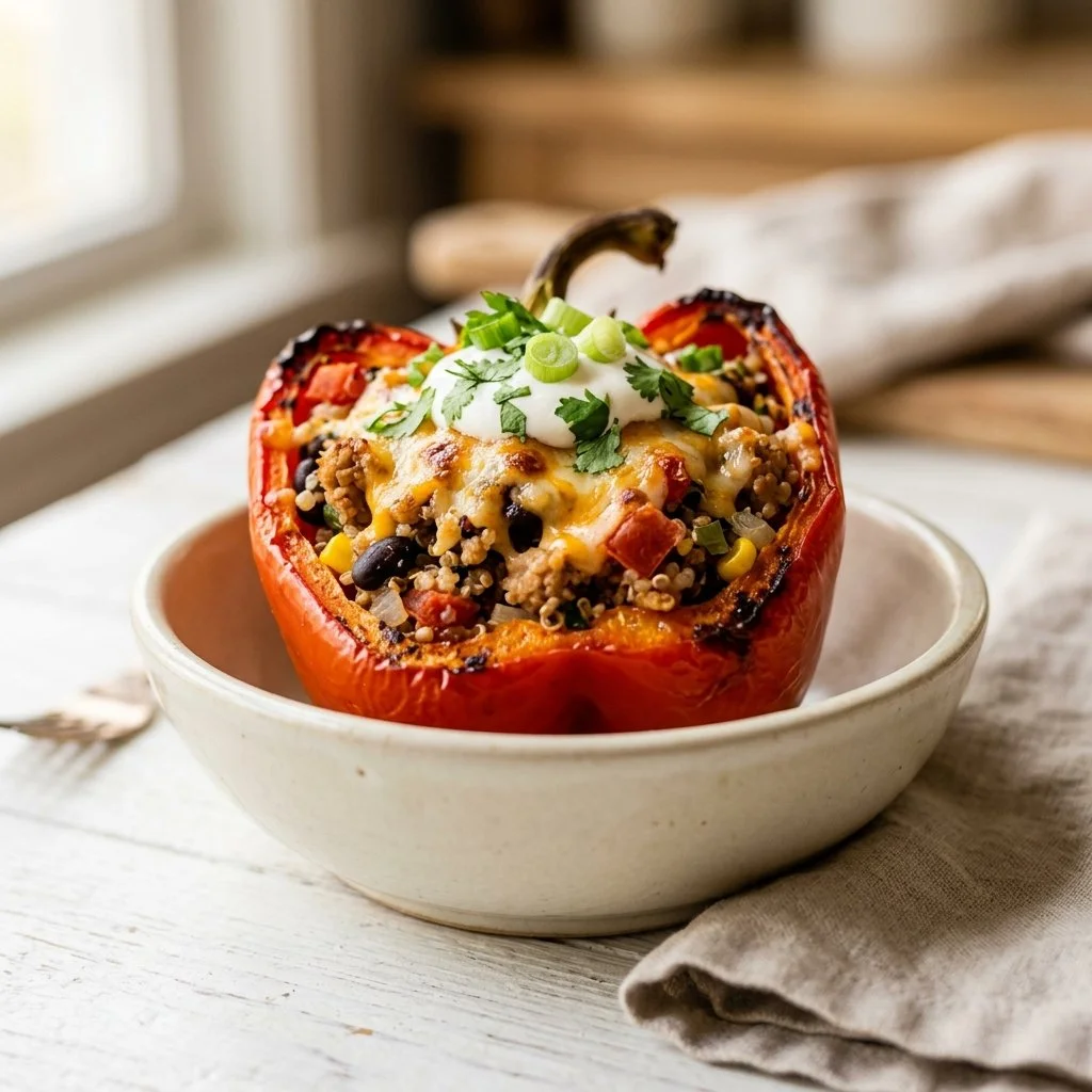 Delicious turkey stuffed peppers ready to serve with a fresh herb garnish