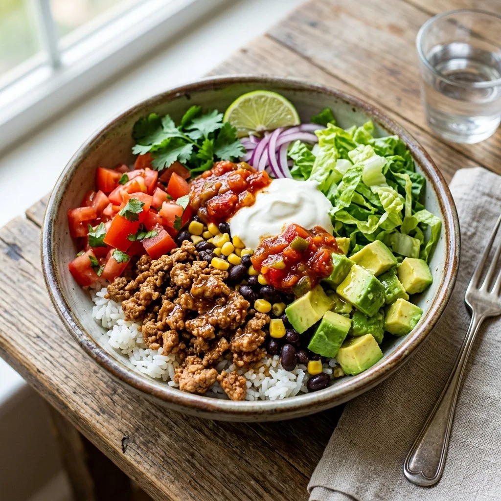 Delicious Turkey Taco Bowl with fresh ingredients and flavorful toppings