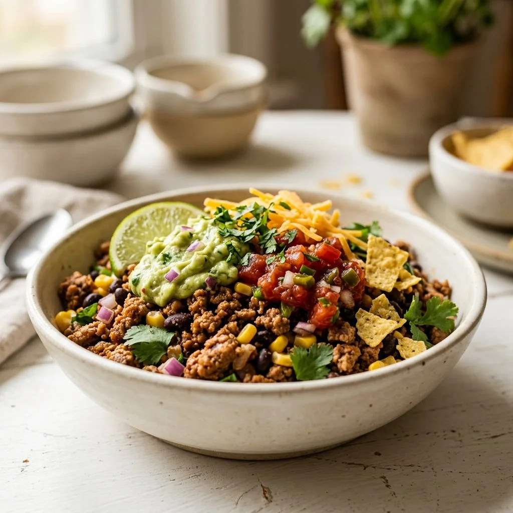 Healthy turkey taco bowl recipe topped with fresh ingredients and spices