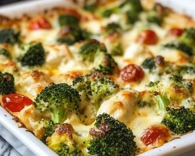 Tuscan Chicken Broccoli Bake served in a dish with vibrant colors and textures.