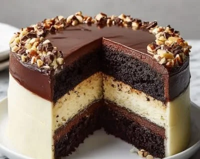 Delicious Tuxedo Cake with chocolate and vanilla layers on a white plate.