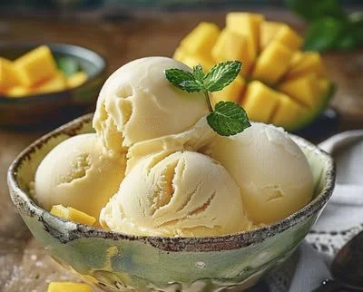 Bowl of creamy two-ingredient mango ice cream topped with fresh mango slices