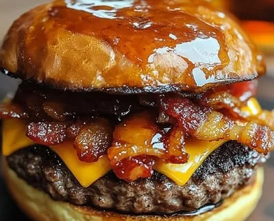 Delicious Maple Bacon Whiskey Burgers topped with crispy bacon and whiskey glaze.