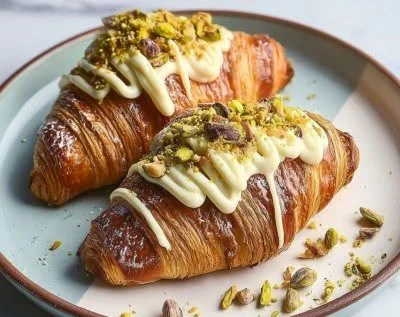 Vegan croissants filled with creamy pistachio filling on a wooden table.