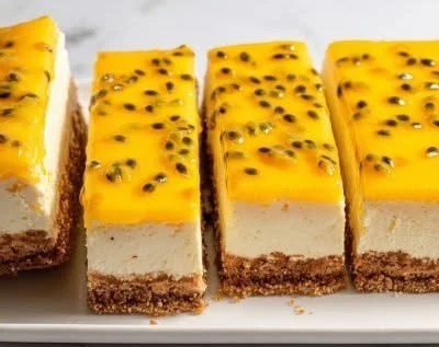 Vegan No-Bake Passion Fruit Cheesecake on a dessert plate