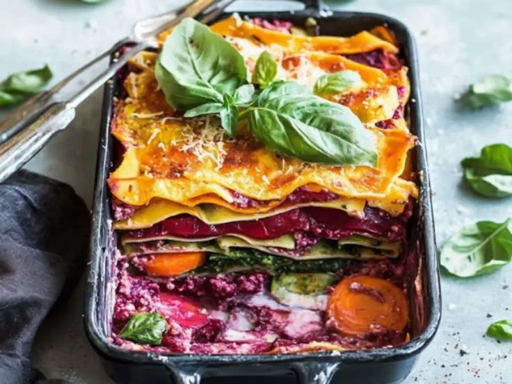 Vegan Rainbow Lasagne layered with colorful vegetables and plant-based cheese