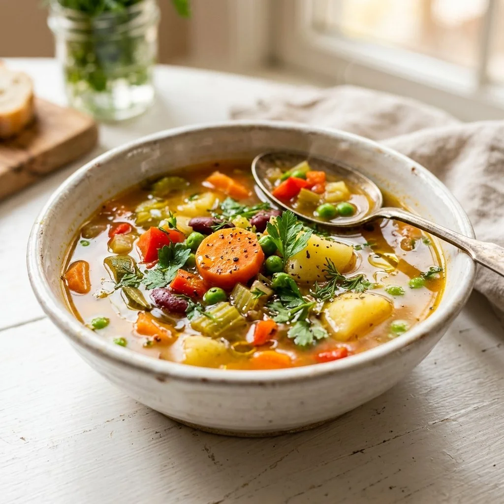 Bowl of homemade vegetable soup with colorful vegetables and herbs