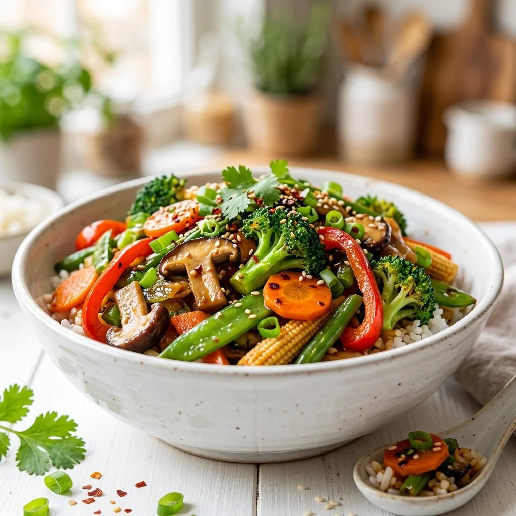 Colorful vegetable stir fry in a skillet with fresh ingredients
