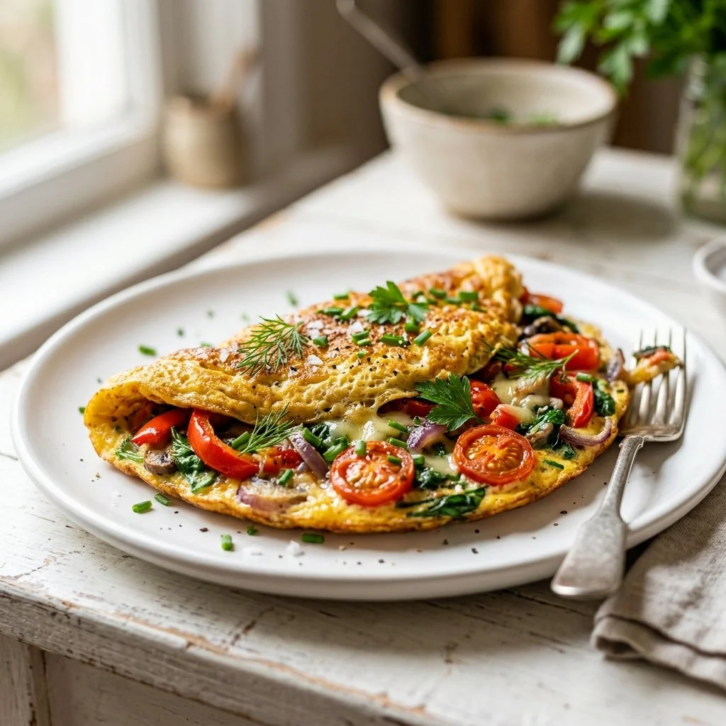 A colorful veggie omelette filled with fresh vegetables and served on a plate.