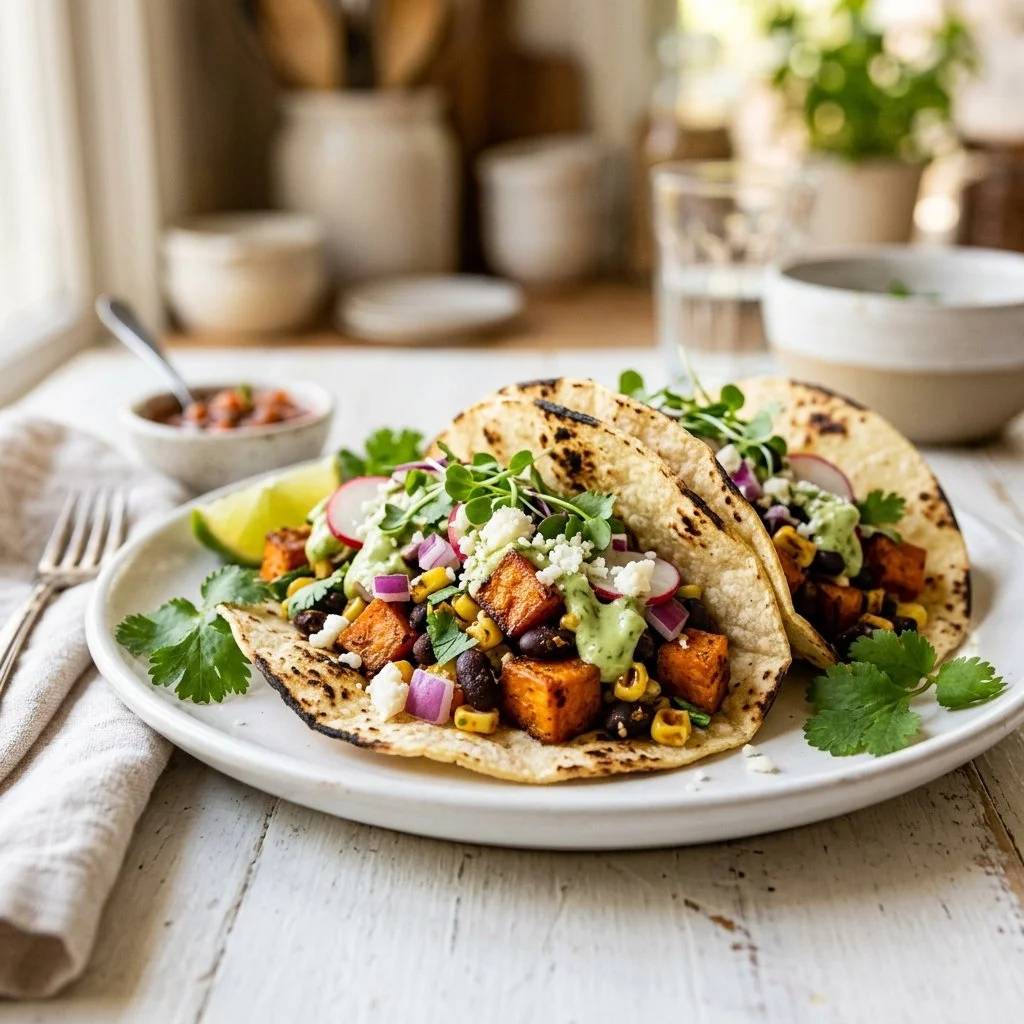 Delicious veggie tacos recipe with fresh vegetables and toppings
