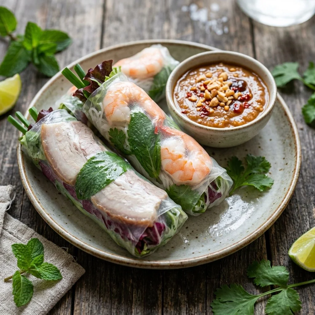 Delicious Vietnamese spring rolls with fresh ingredients and dipping sauce.