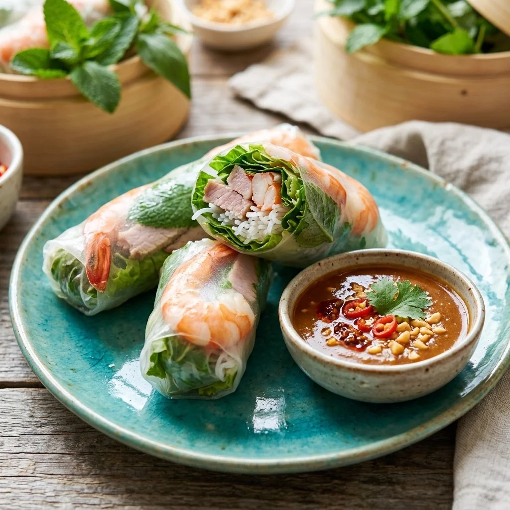 Delicious Vietnamese summer rolls with fresh ingredients and colorful vegetables