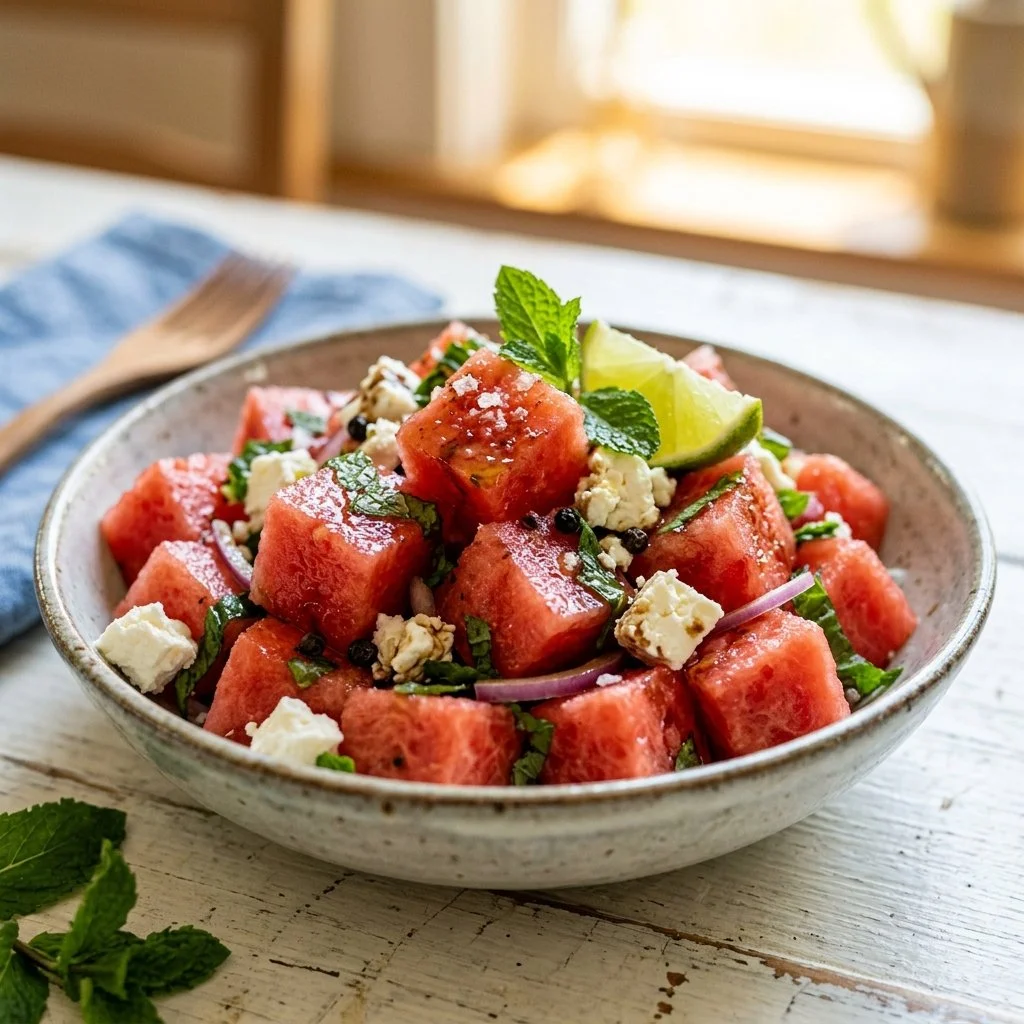 Fresh watermelon feta salad garnished with mint leaves in a bowl