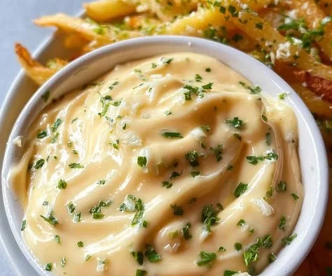 Homemade aioli sauce served in a bowl with a sandwich spread on the side.