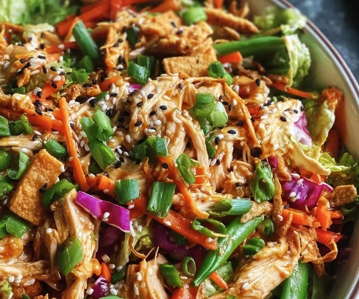 Fresh Chinese chicken salad with vibrant vegetables and sesame dressing